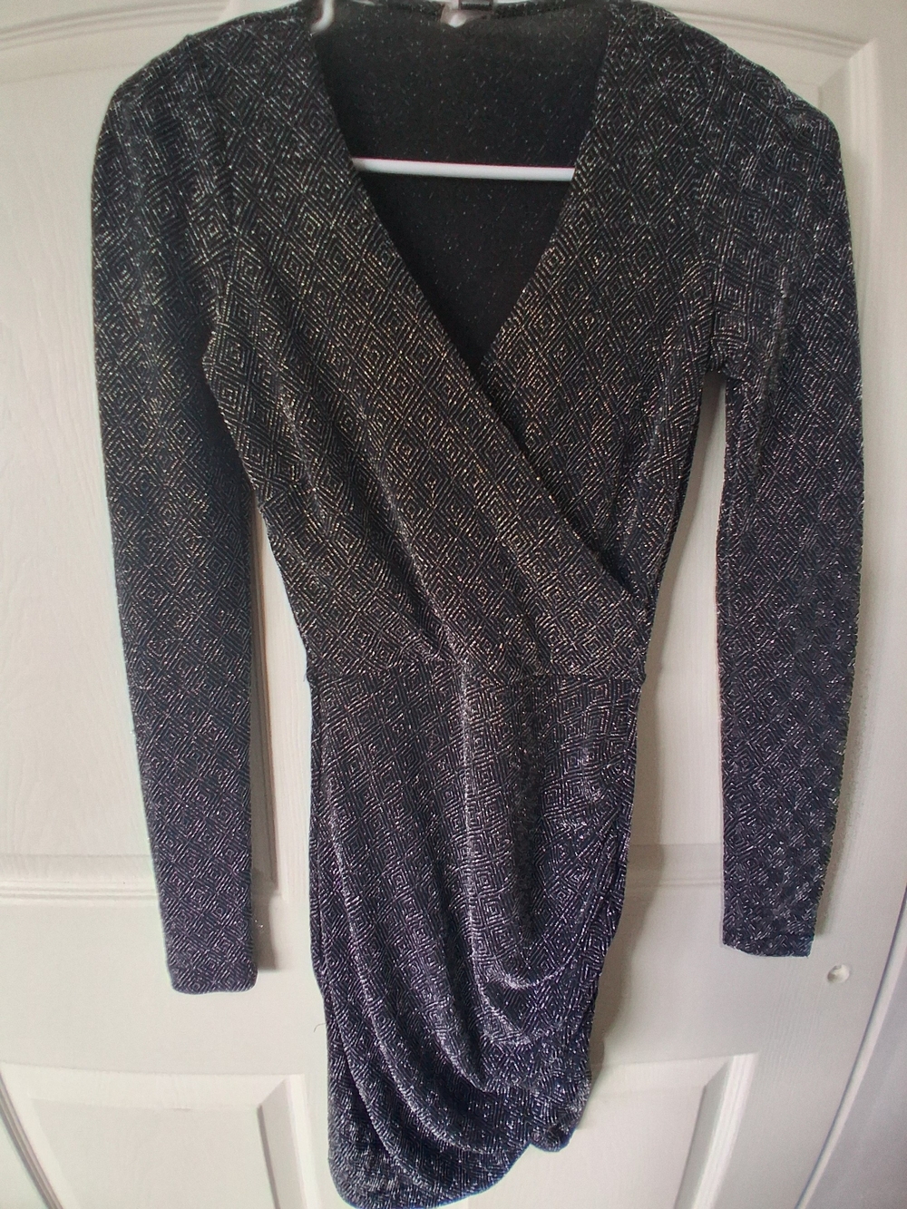 Windsor Black with Silver Sparkle Wrap-Front Long Sleeve Dress
